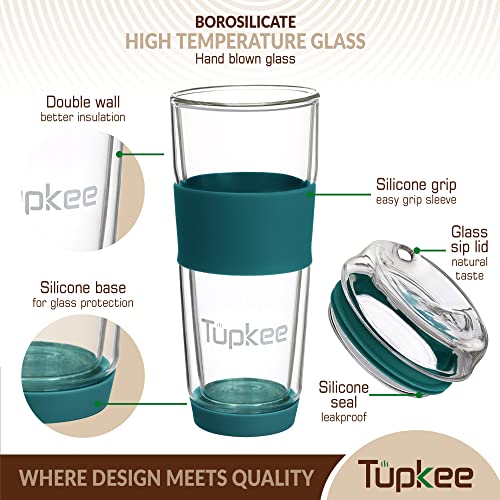 Double Wall Glass Tumbler 14-Ounce Insulated Tea Coffee Mug with Lid K142