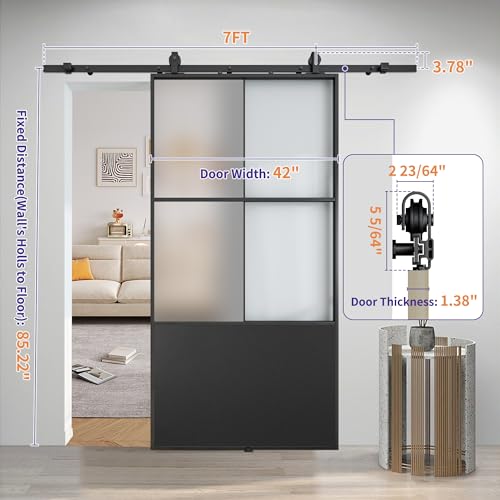 30" x 84" Glass Sliding Barn Door with Top Mounted Hardware Kit, 3-Panel Aluminum Frame, Frosted Tempered Glass, Black N5680