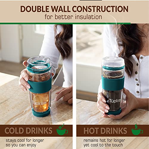 Double Wall Glass Tumbler 14-Ounce Insulated Tea Coffee Mug with Lid K142