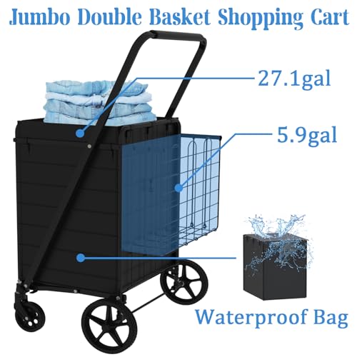 Heavy Duty Folding Shopping Cart with Double Basket and 360° Swivel Wheels X75734