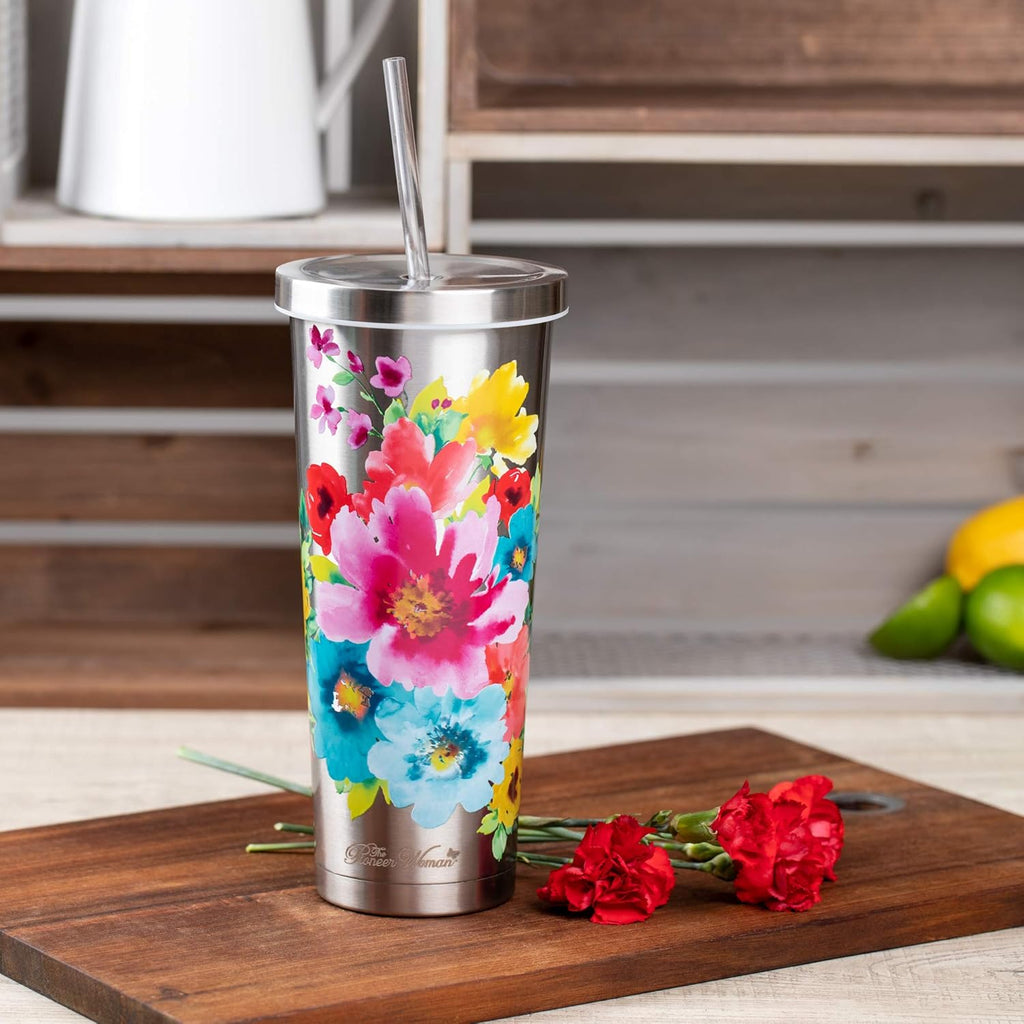 Stainless Steel Tumbler Set 24 Oz, Red and Yellow Floral Design T65435