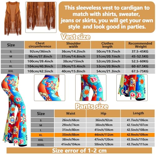 Hippie Costume Set for Women Boho Flared Pants Fringe Vest Accessories F79232