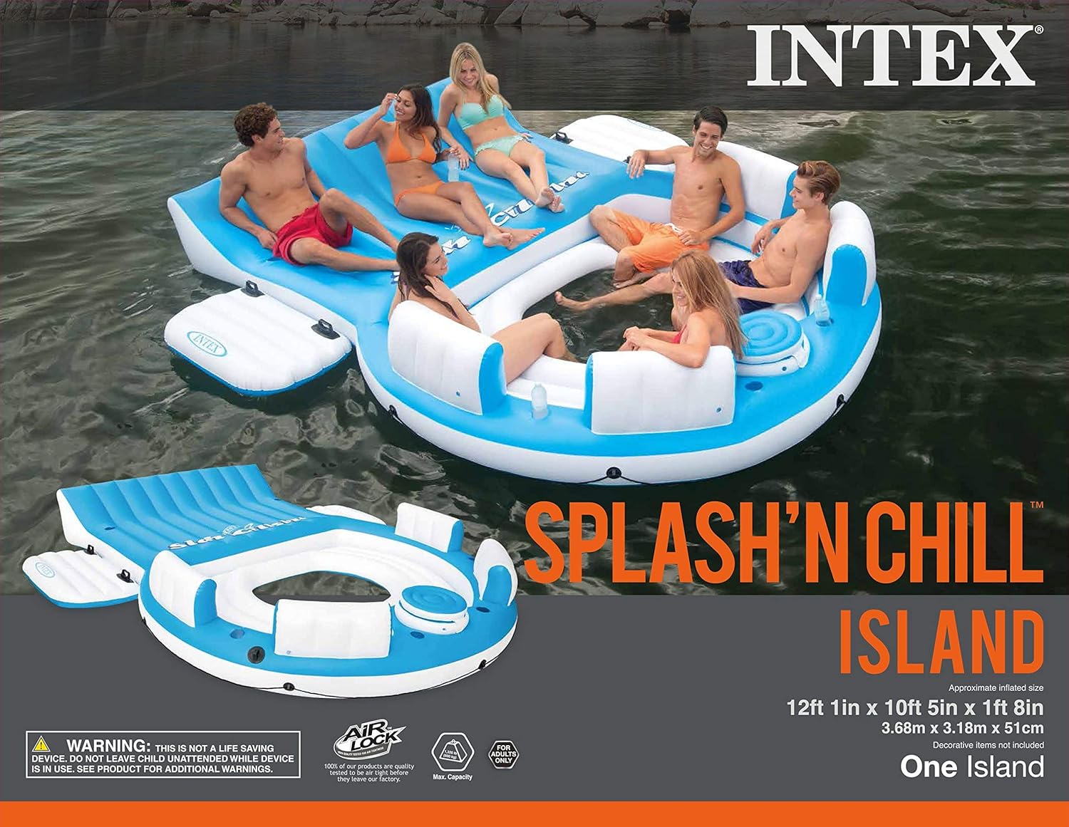 Inflatable Pool Raft Lounger for 4 People with Cup Holders and Grab Handles D8427