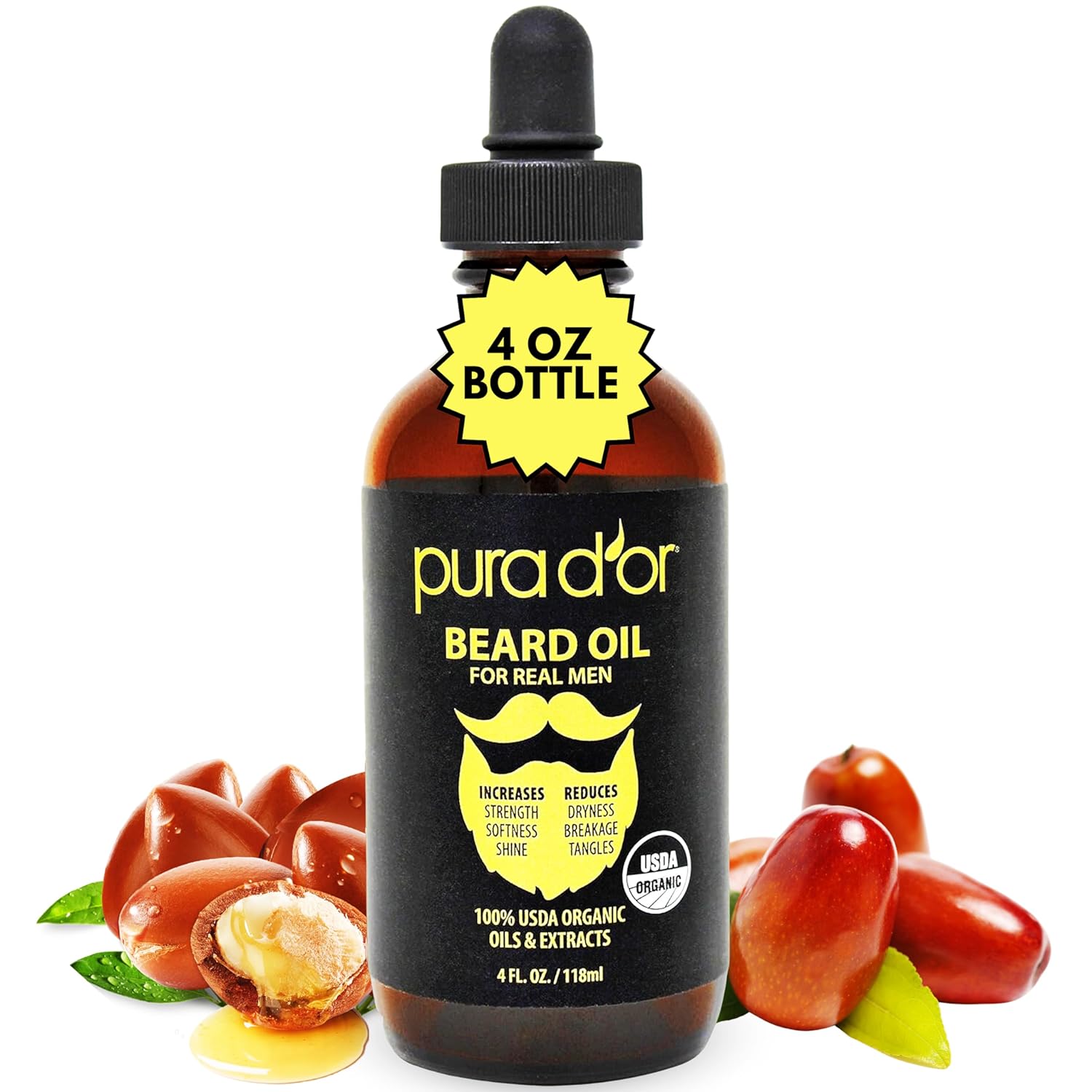 PURA D'OR 4 Oz ORGANIC Beard Oil - USDA Certified - 100% Natural Leave-In Conditioner, Argan & Jojoba Oil - Mustache Care & Maintenance, Increase Softness & Strength - Beard Hair, Skin & Face