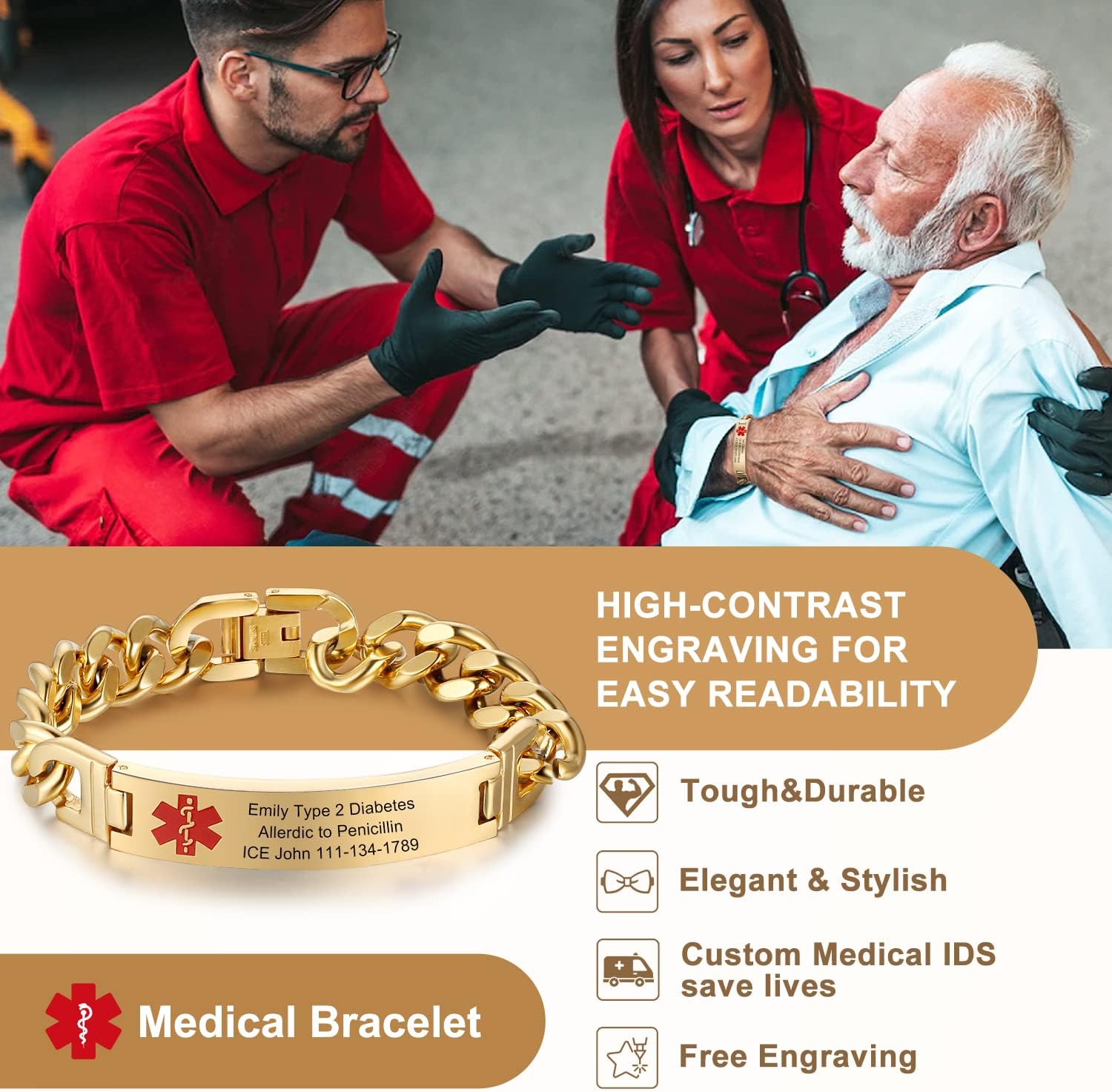 Medical Alert Bracelets for Men Women Stainless Steel Engravable L40086