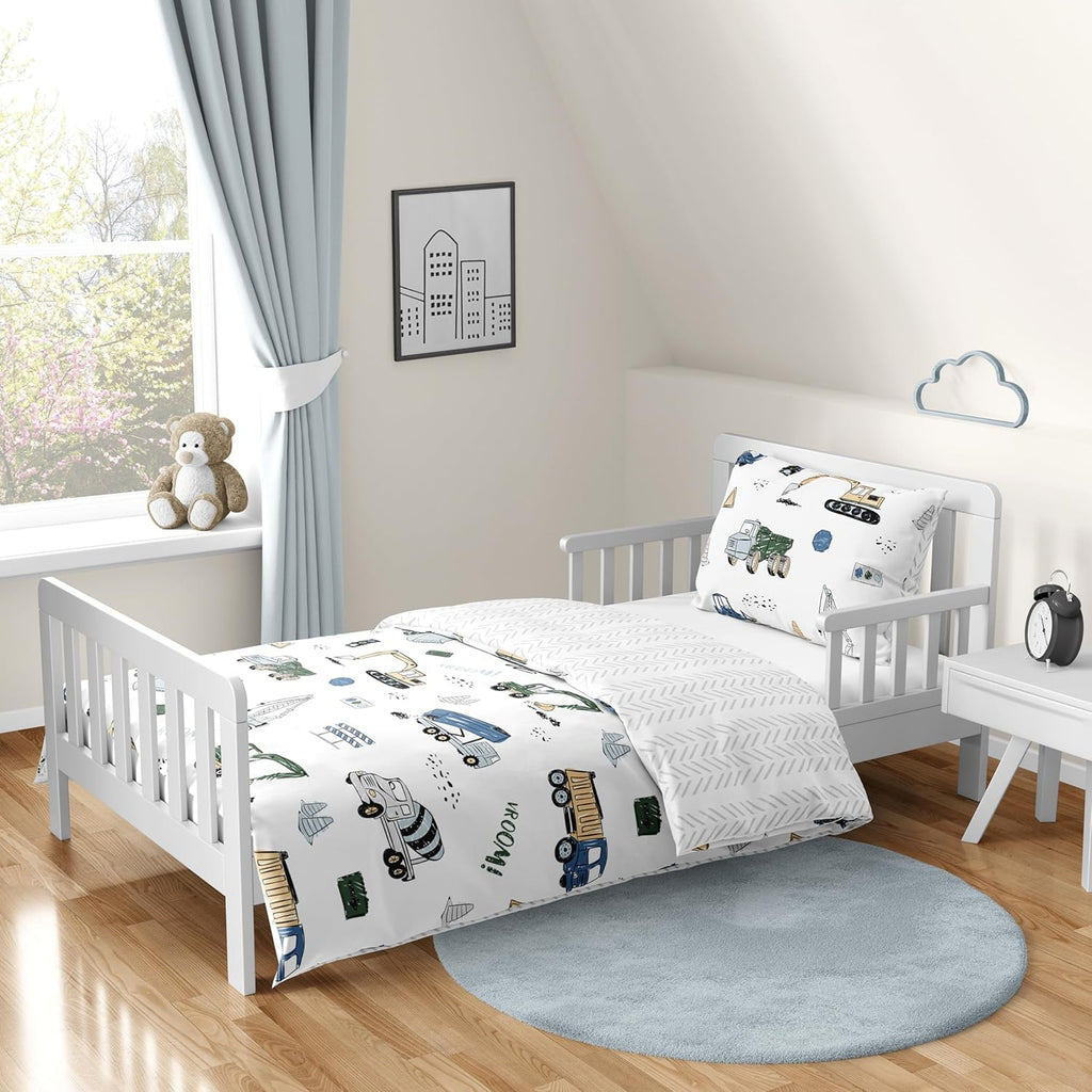 Sweet Jojo Designs Construction Truck Boy Toddler Kid Bedding Set - Childrens 5 pieces Comforter, Sham and Sheets - Grey Yellow Black Blue and Green Transportation Chevron Arrow