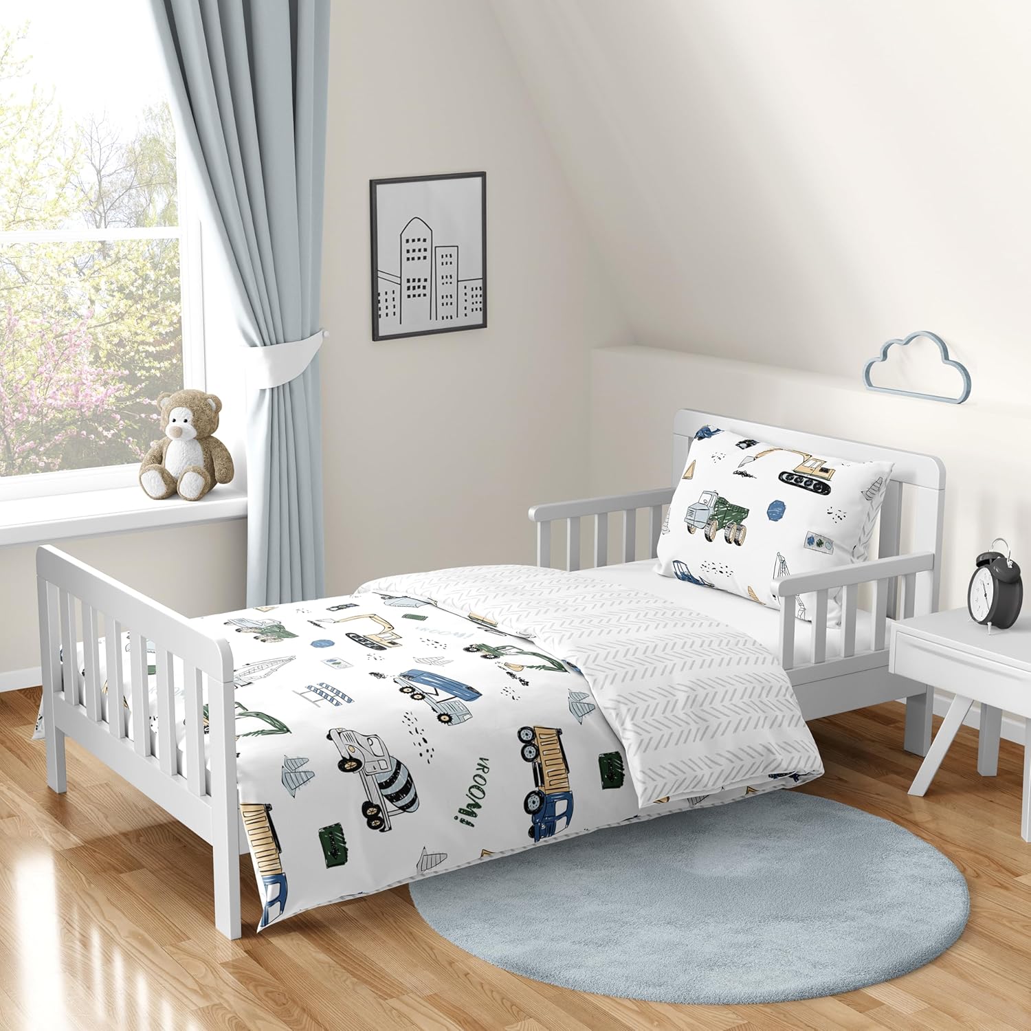 Sweet Jojo Designs Construction Truck Boy Toddler Kid Bedding Set - Childrens 5 pieces Comforter, Sham and Sheets - Grey Yellow Black Blue and Green Transportation Chevron Arrow
