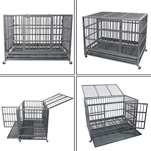 48 Inch Heavy Duty Dog Crate with Wheels, Double Door and Removable Tray R8437