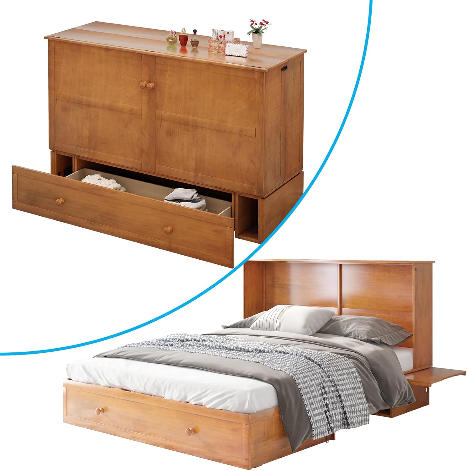 MUZZ Queen Size Cabinet Murphy Bed, Murphy Bed with Foldable Foam Mattress, Space-Saving Cube Murphy Bed with Charging Station and Large Storage Drawer (Cherry)