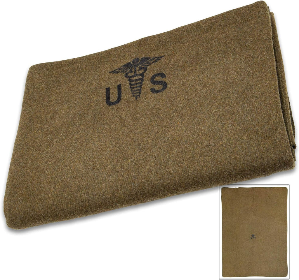 Reproduction US Army Medic Wool Blanket - Military Specs, 80% Wool Construction, Printed Logo, Great for Camping, Survival, Sporting Events, Vehicle Emergency Kit, Bugout Bag - Dimensions 64"x 84"