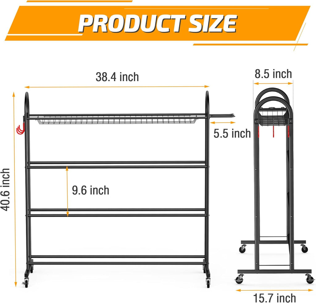 Basketball Rack, Rolling Ball Storage with Bat Holder and Hooks, Sports Equipment Storage with Wheels Z90342