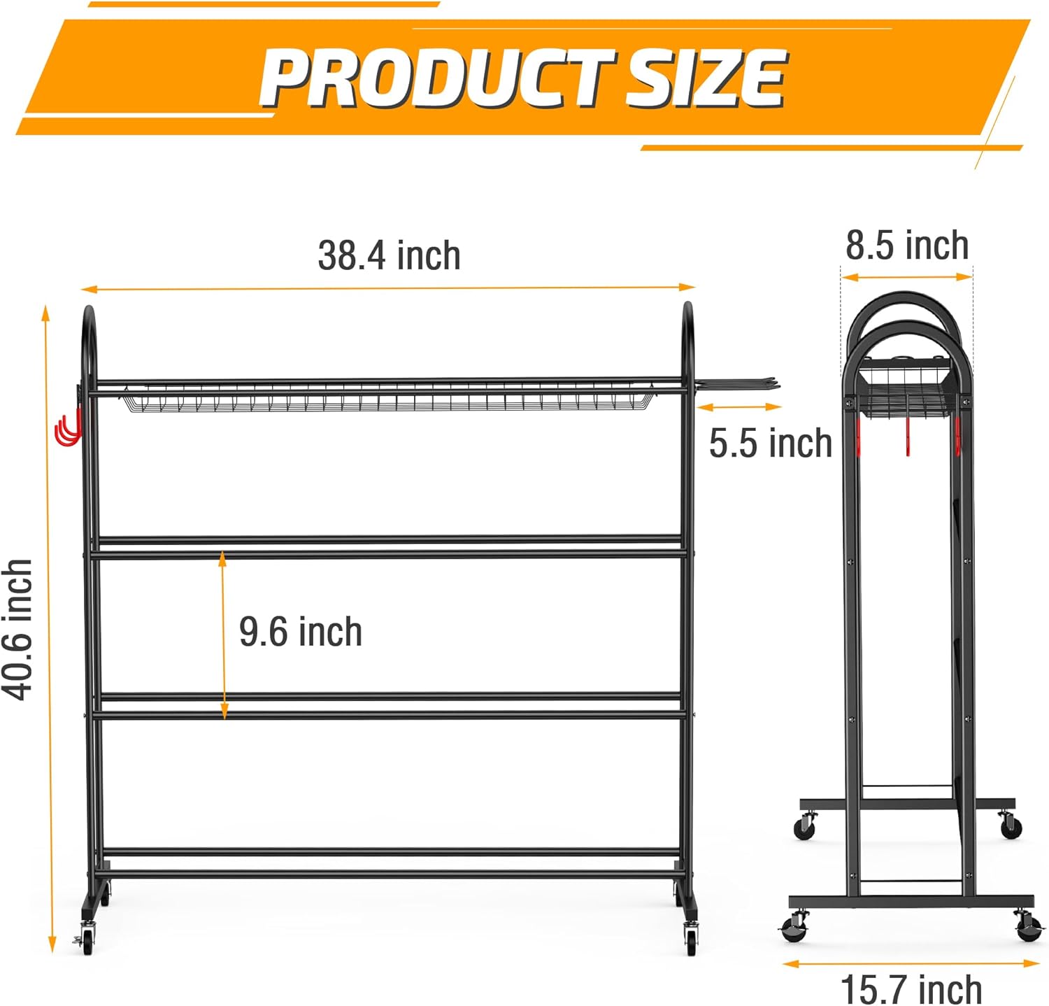 Basketball Rack, Rolling Ball Storage with Bat Holder and Hooks, Sports Equipment Storage with Wheels Z90342