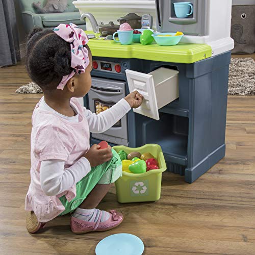 Kids Play Kitchen Set with 20 Pieces, Indoor Outdoor Toy, Blue White Green T389418