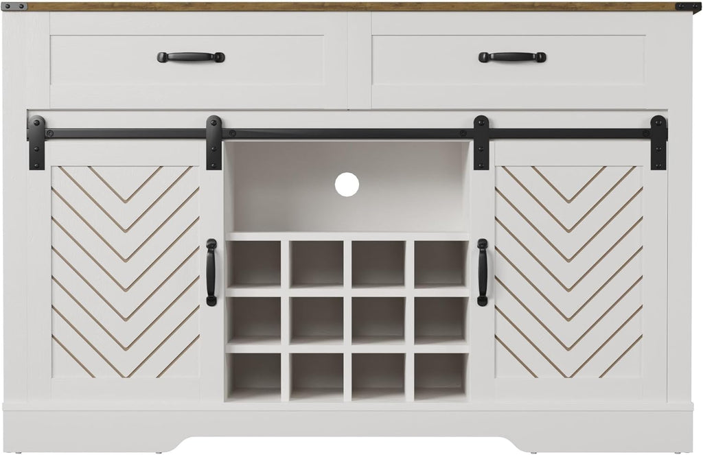 Sliding Barn Door Sideboard Buffet Cabinet with Wine Rack, White & Oak Y496