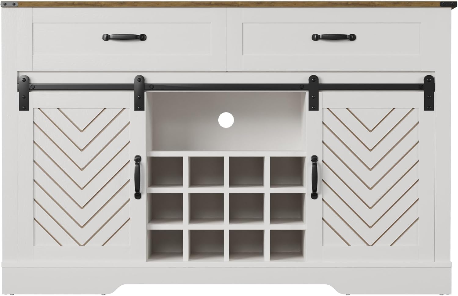 Sliding Barn Door Sideboard Buffet Cabinet with Wine Rack, White & Oak Y496