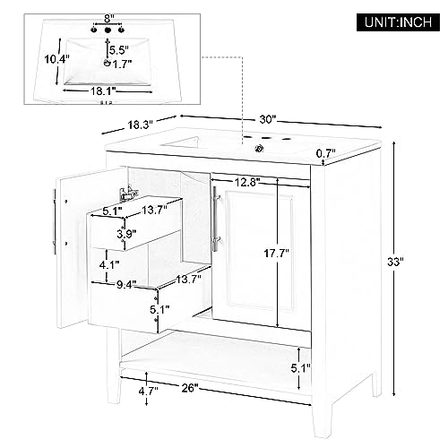 Bathroom Vanity with Sink and Storage Cabinet, Solid Wood Frame, White K2125
