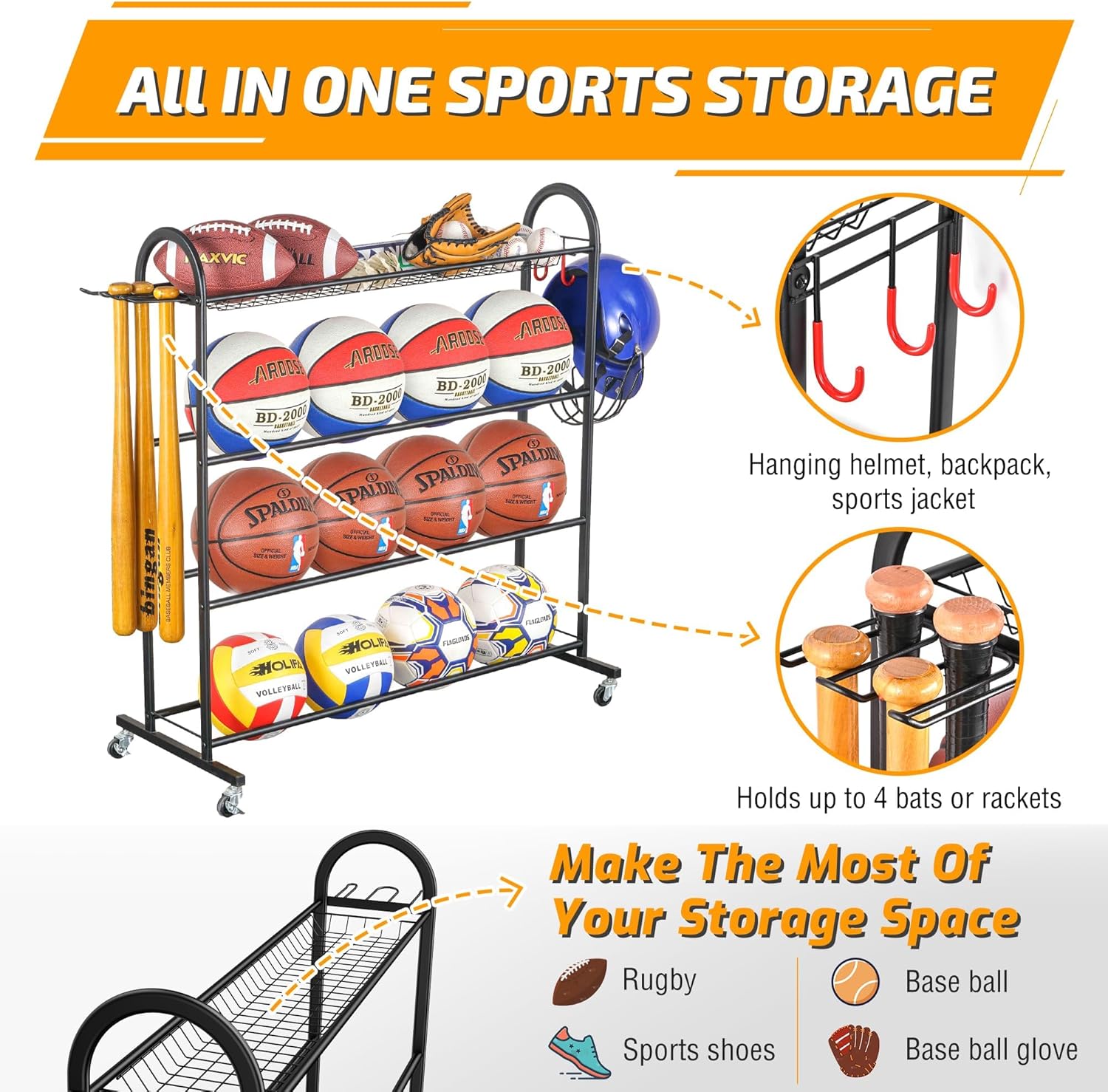 Basketball Rack, Rolling Ball Storage with Bat Holder and Hooks, Sports Equipment Storage with Wheels Z90342