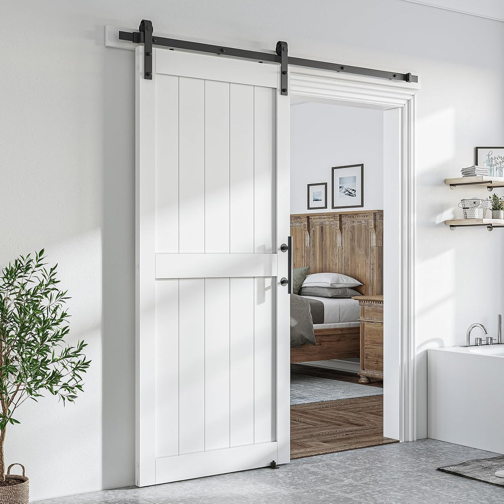 SmartStandard 36 x 80 inch White Slidng MDF Barn Door with 6.6FT Black Sliding Door Hardware Kit & Handle, Pre-Drilled Ready to Assemble, Waterproof PVC Coating, H-Frame