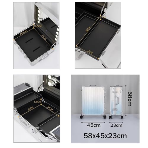 Rolling Makeup Train Case with Lighted Mirror, Aluminum Trolley Travel Organizer H100026