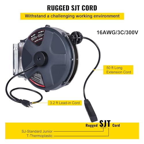 Retractable Extension Cord Reel 50 FT Heavy Duty Power Cord with Lighted Triple Tap Outlet H688258
