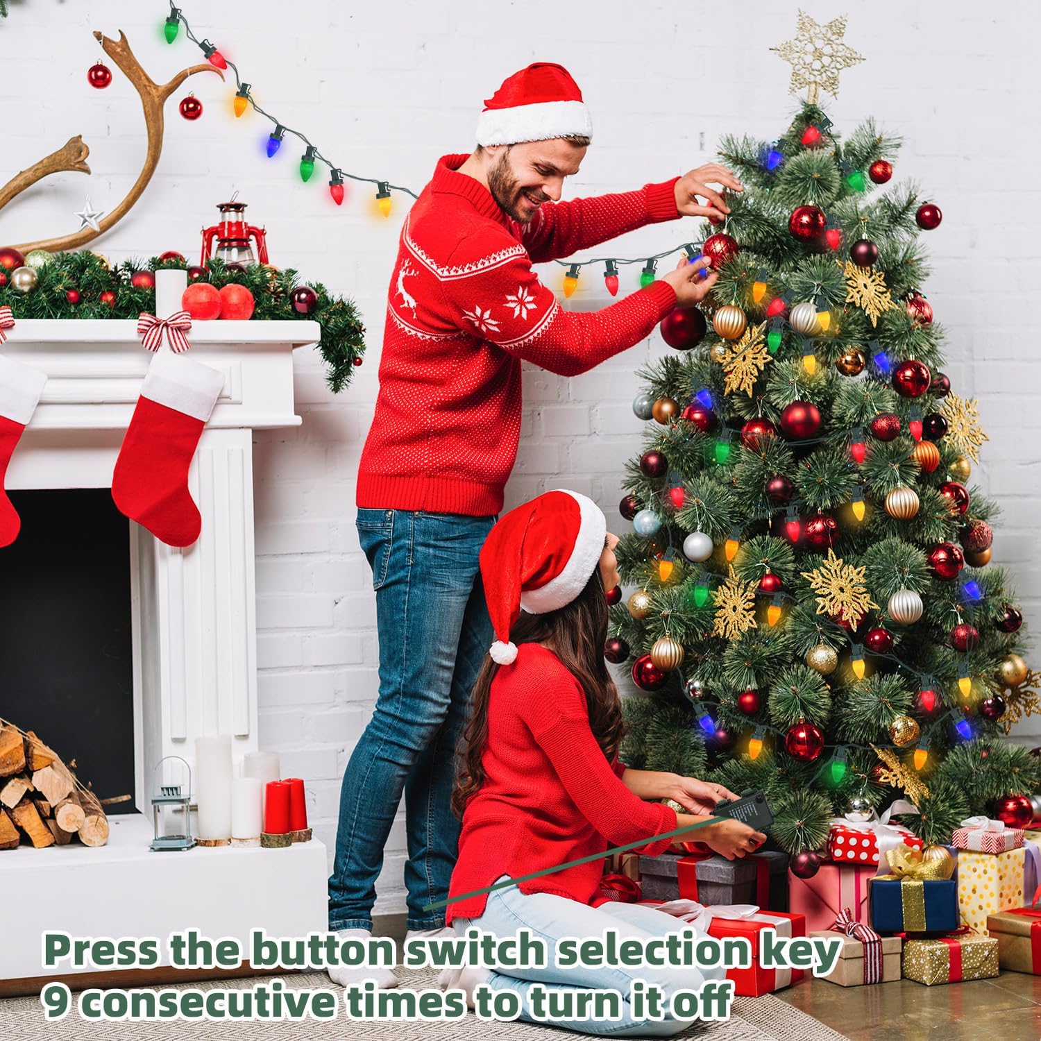 C7 LED Christmas Lights Battery Operated with Remote, 8 Mode Twinkle, 50 Bulbs T98600