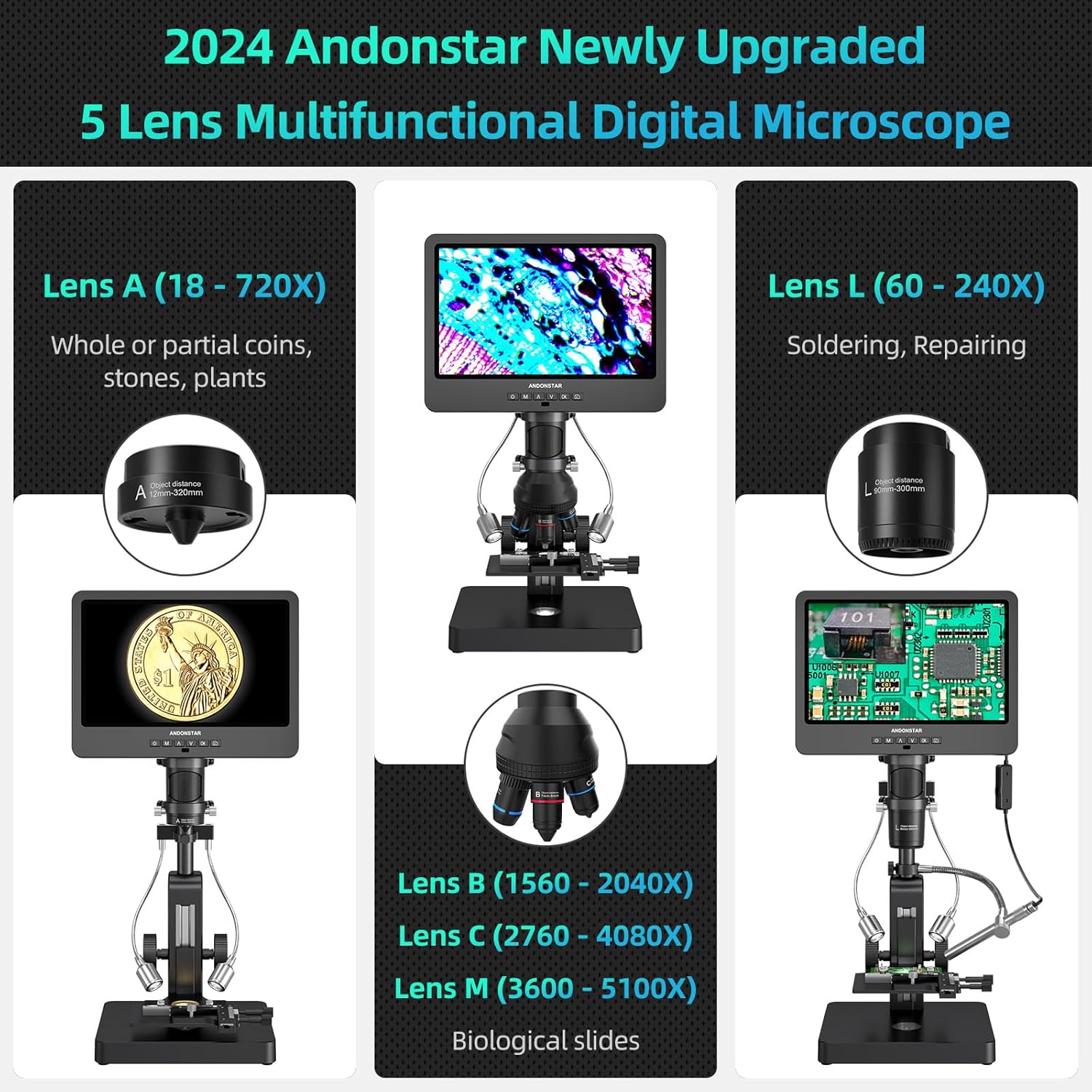 20X-5000X HDMI Digital Microscope with 10.1'' LCD Screen for Home Lab G2637