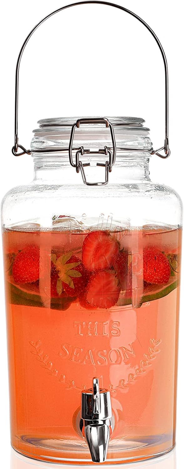 DEAYOU Glass Beverage Dispenser with Spigot, Cold Drink Ice Tea Dispenser with Trigger Clamp Locking Lid, Glass Mason Jar Lemonade Liquid Pitcher with Spout for Party, Fridge, Juice, Beer, 0.8 Gallon