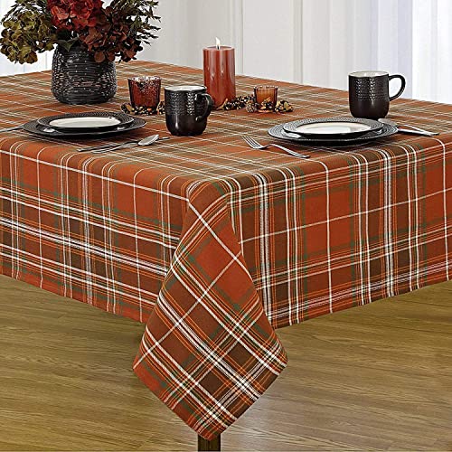 Plaid Weave Tablecloth, Rust and Green, 70 Inch Round F39356
