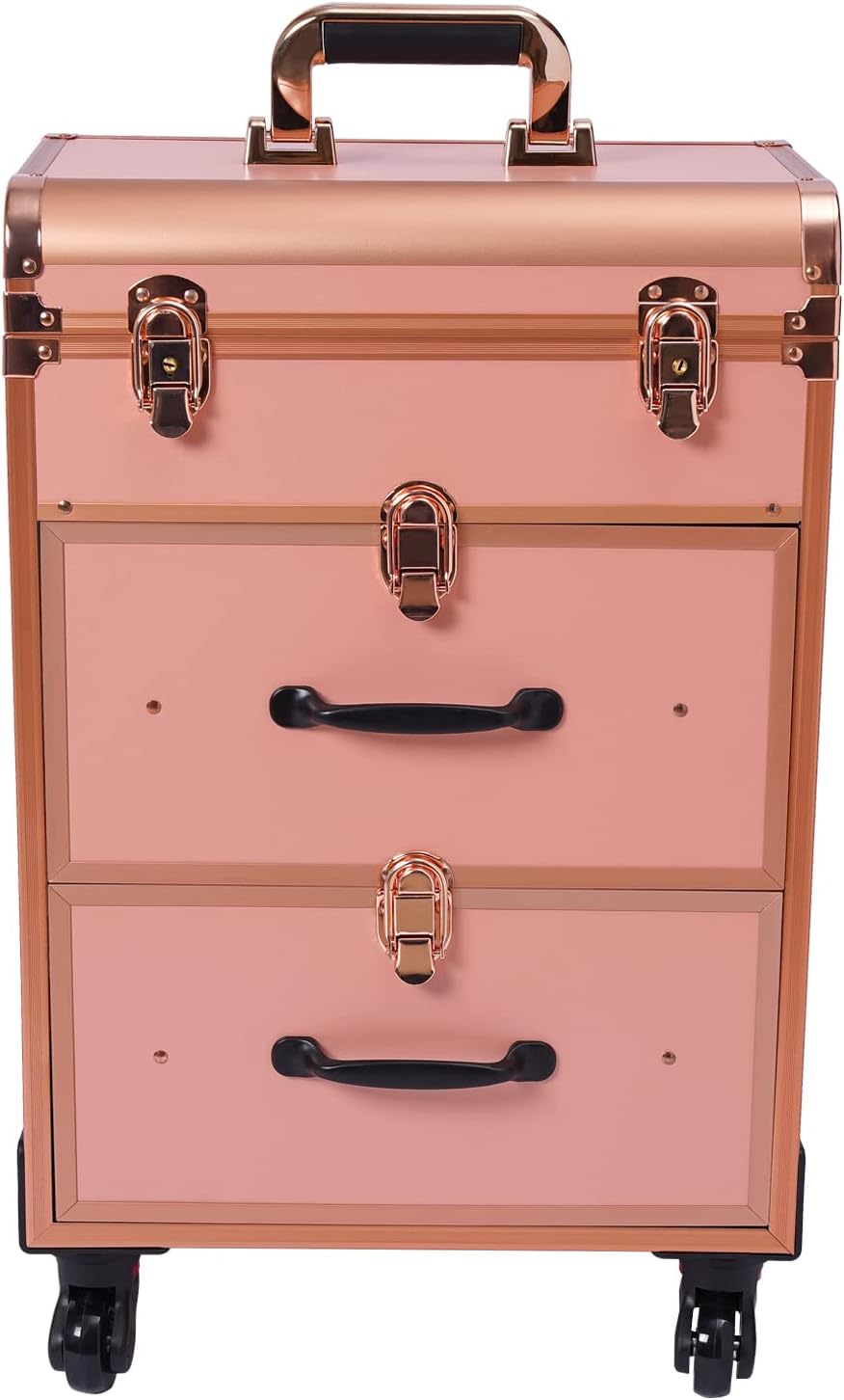 3 Layers Rolling Makeup Case, Portable Tattoo Carrying Case Makeup Train Case Large for Professional Make-Up Artists, Hairdressers with Reinforced Lock & Transparent Storage Bag Gold
