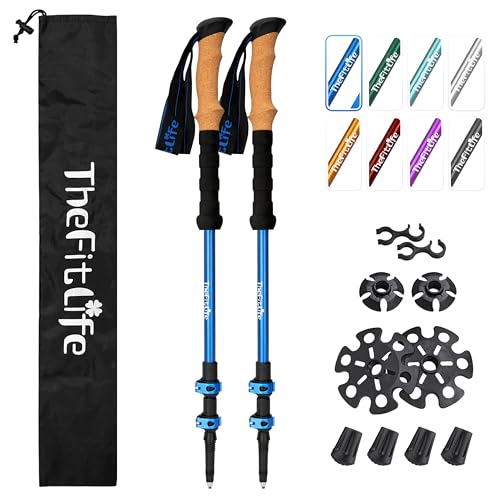TheFitLife Trekking Poles for Hiking and Walking - Lightweight 7075 Aluminum with Metal Flip Lock and Natural Cork Grip, Walking Sticks for Men, Women, Collapsible, Telescopic, Camping Gear