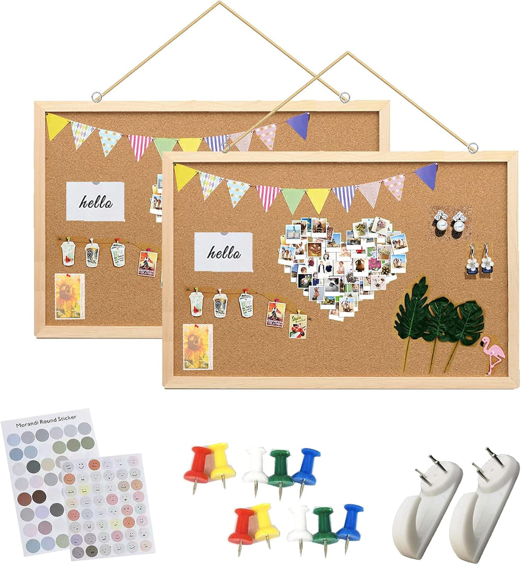 2Pack 16x11Inch Cork Boards, Bulletin Board Hanging Natural Wooden Frame Note Board, Message Board Vision Board with Bonus 2 Sticker, 2 Linen,10 Push Pins, Great for Home Office Decor