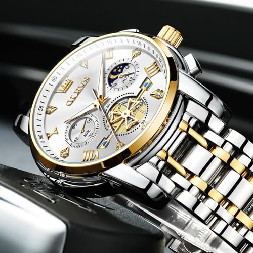 Men Skeleton Watch Stainless Steel Analog Quartz Moon Phase P9497