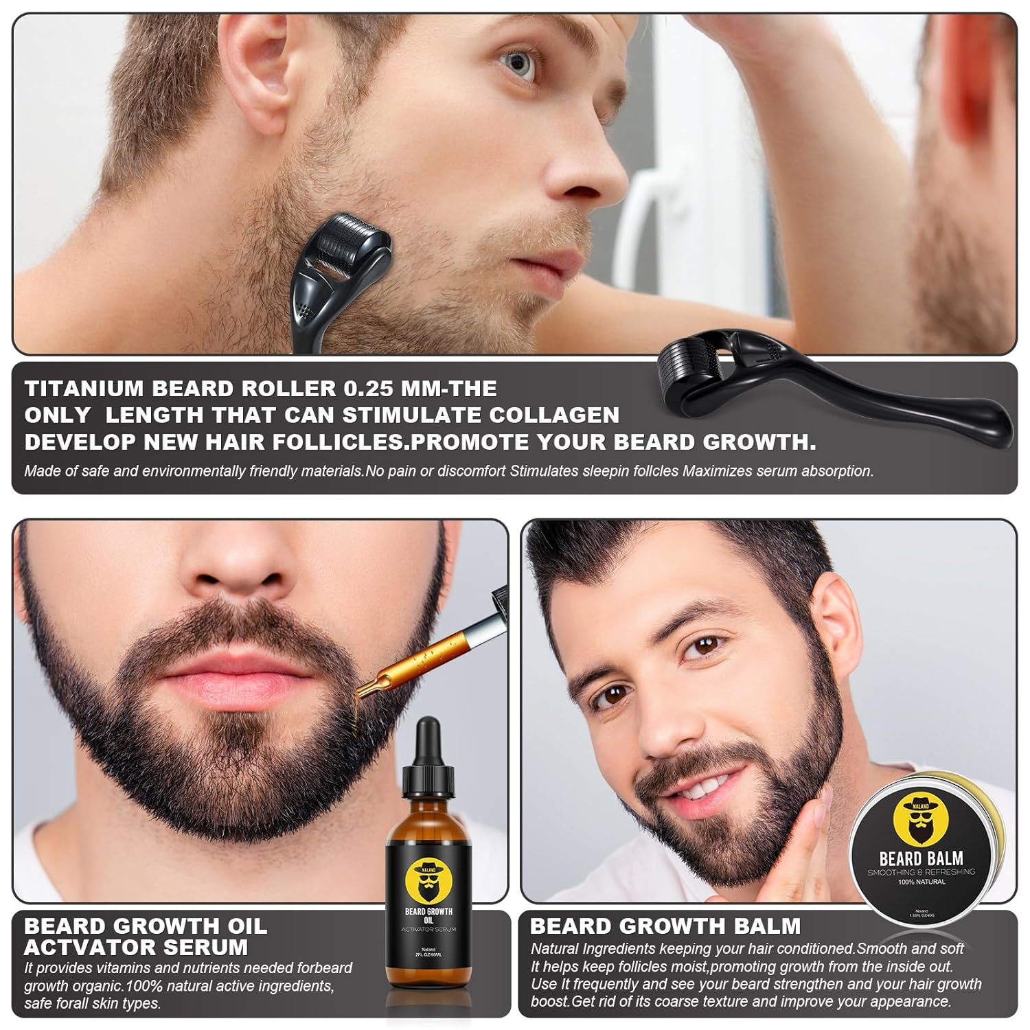 Beard Growth Kit with Oil, Balm and Comb for Men T7175