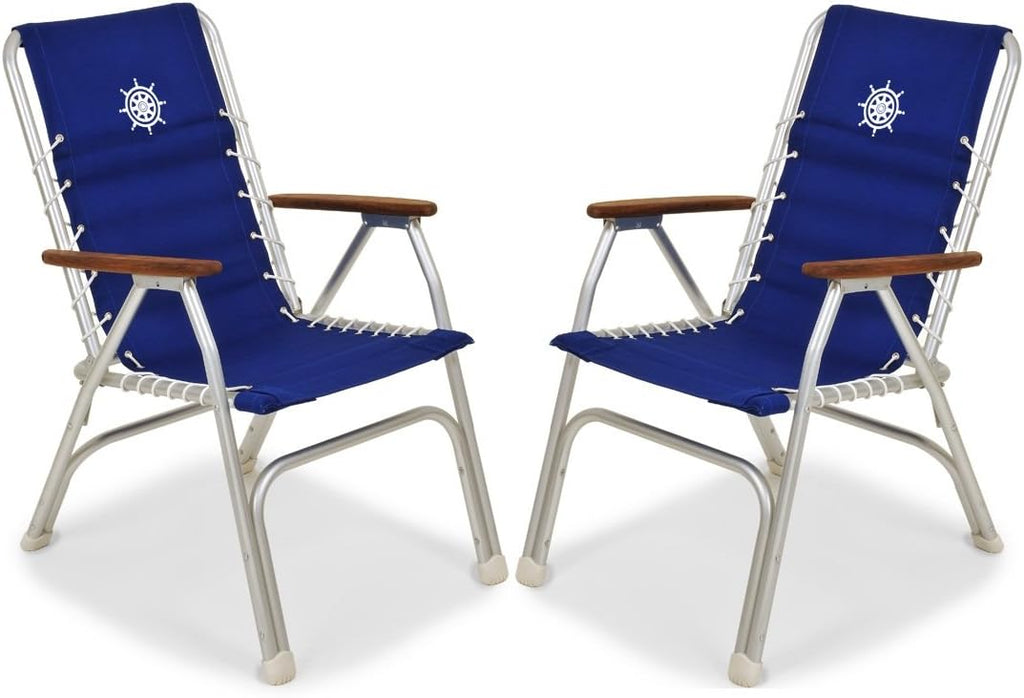 Forma Marine Boat Chairs High Back Blue Deck Folding Marine Aluminum Teak Furniture Set of 2 M150B