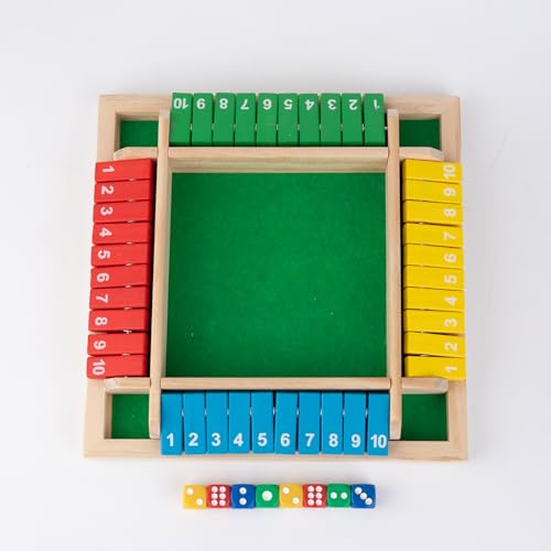 Wooden 4 Players Shut The Box Dice Game, 12 Inches 2-4 Player Family Wooden Board Table Math Games Classics Tabletop Version and Pub Board Game 8 Dices for Classroom,Home,Party or Pub