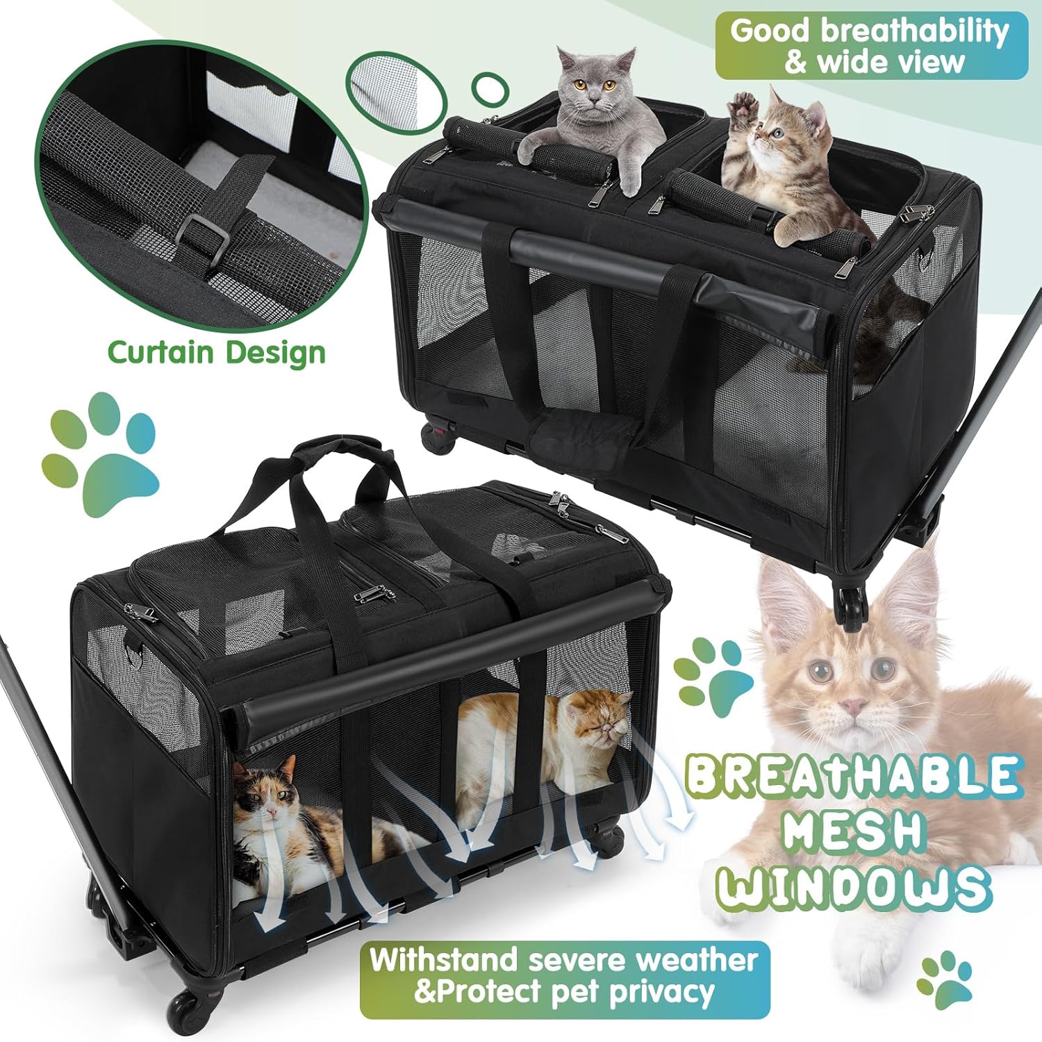 Rolling Pet Carrier for Two Cats, Double Compartment, Large Travel Carrier Y682