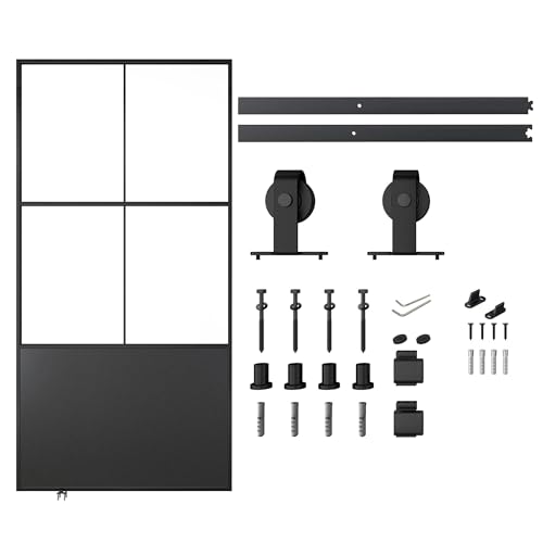 30" x 84" Glass Sliding Barn Door with Top Mounted Hardware Kit, 3-Panel Aluminum Frame, Frosted Tempered Glass, Black N5680