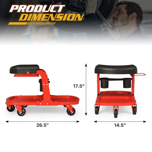 Garage Mechanic Creeper Seat with Tool Tray and Cup Holder, Rolling Stool on Wheels, 350 lbs Capacity H342679