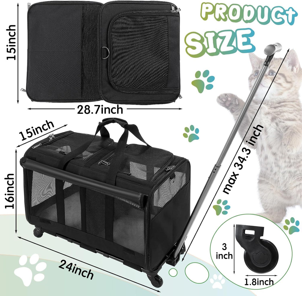 Rolling Pet Carrier for Two Cats, Double Compartment, Large Travel Carrier Y682