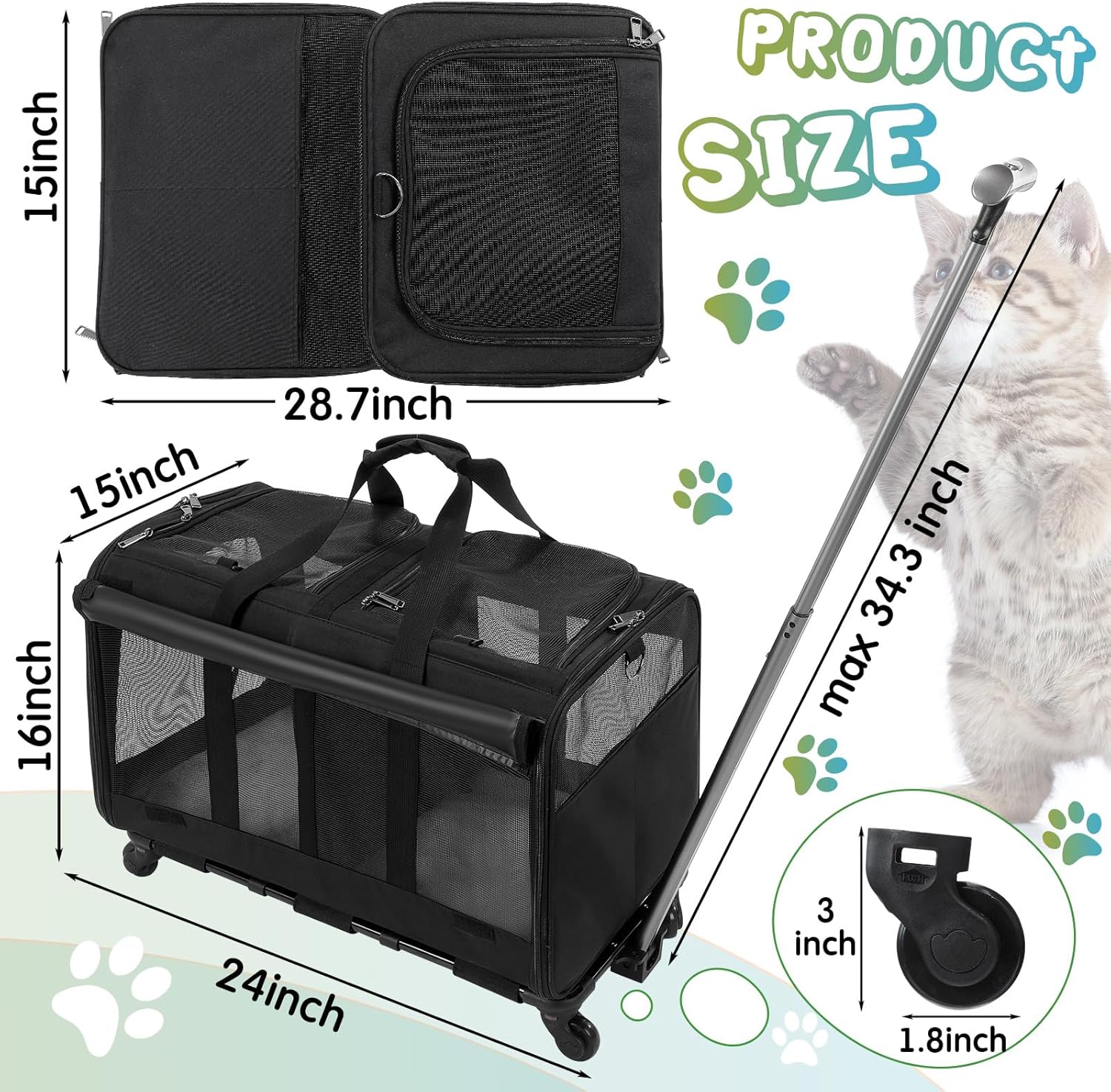 Rolling Pet Carrier for Two Cats, Double Compartment, Large Travel Carrier Y682