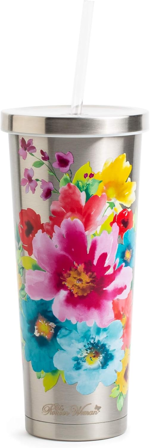 Stainless Steel Tumbler Set 24 Oz, Red and Yellow Floral Design T65435