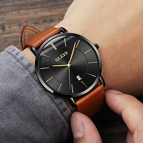 Minimalist Ultra Thin Analog Quartz Date Watch with Leather Band L493860