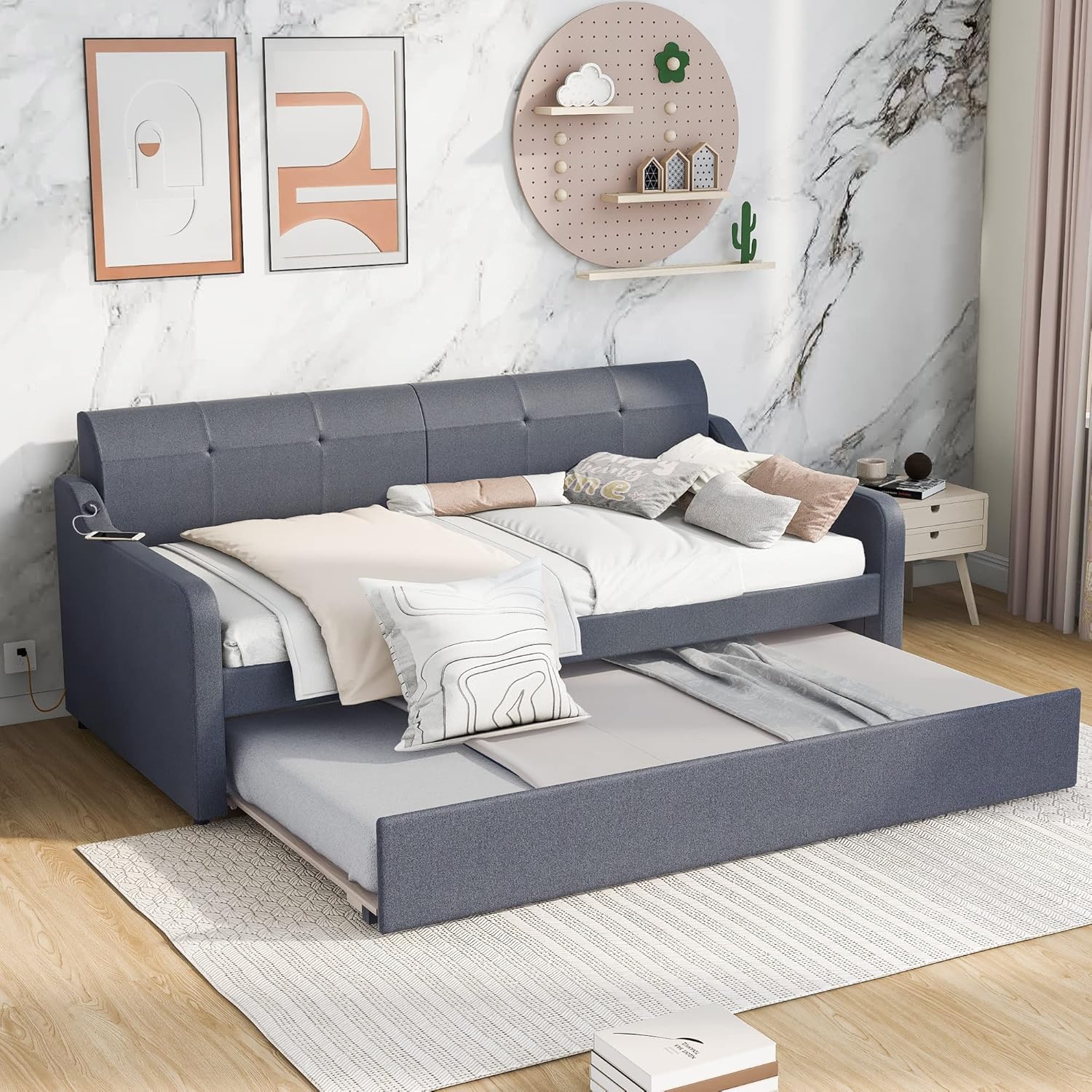 Upholstered Daybed with Trundle and USB Charging, Extendable Sofa Bed Frame A685934