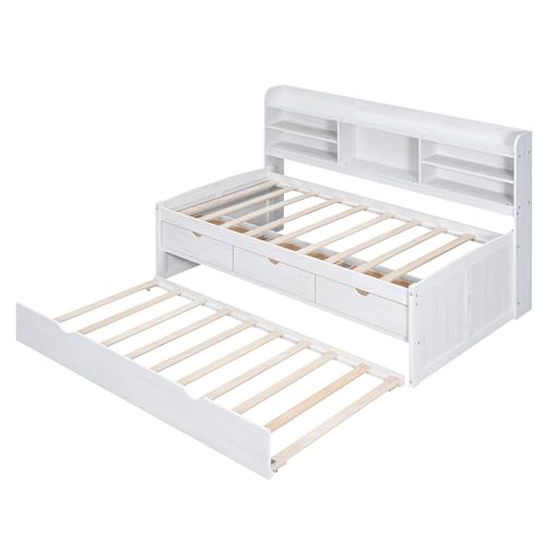 Twin Size Captain Bed with Built-in Bookshelves, Storage Drawers and Trundle A24504