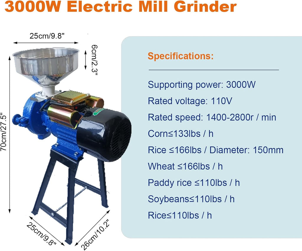 Electric Grain Mill Grinder 110V 3000W Commercial Feed Wheat Flour Machine with Funnel J537