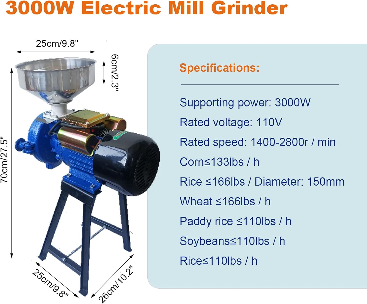 Electric Grain Mill Grinder 110V 3000W Commercial Feed Wheat Flour Machine with Funnel J537