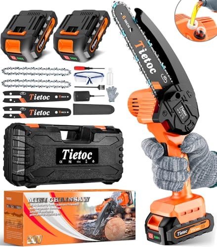 Tietoc Mini Chainsaw 6 Inch Cordless [With 2Pcs 21V Batteries] [2024 Upgrade] Portable Electric Chain Saw, Small Handheld Battery Powered Super Saws for Tree Branches, Courtyard, Household & Garden