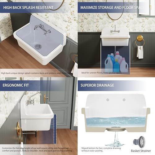 Wall Mounted Laundry Sink White Porcelain Ceramic 10 Gallon Washing Tub A69333