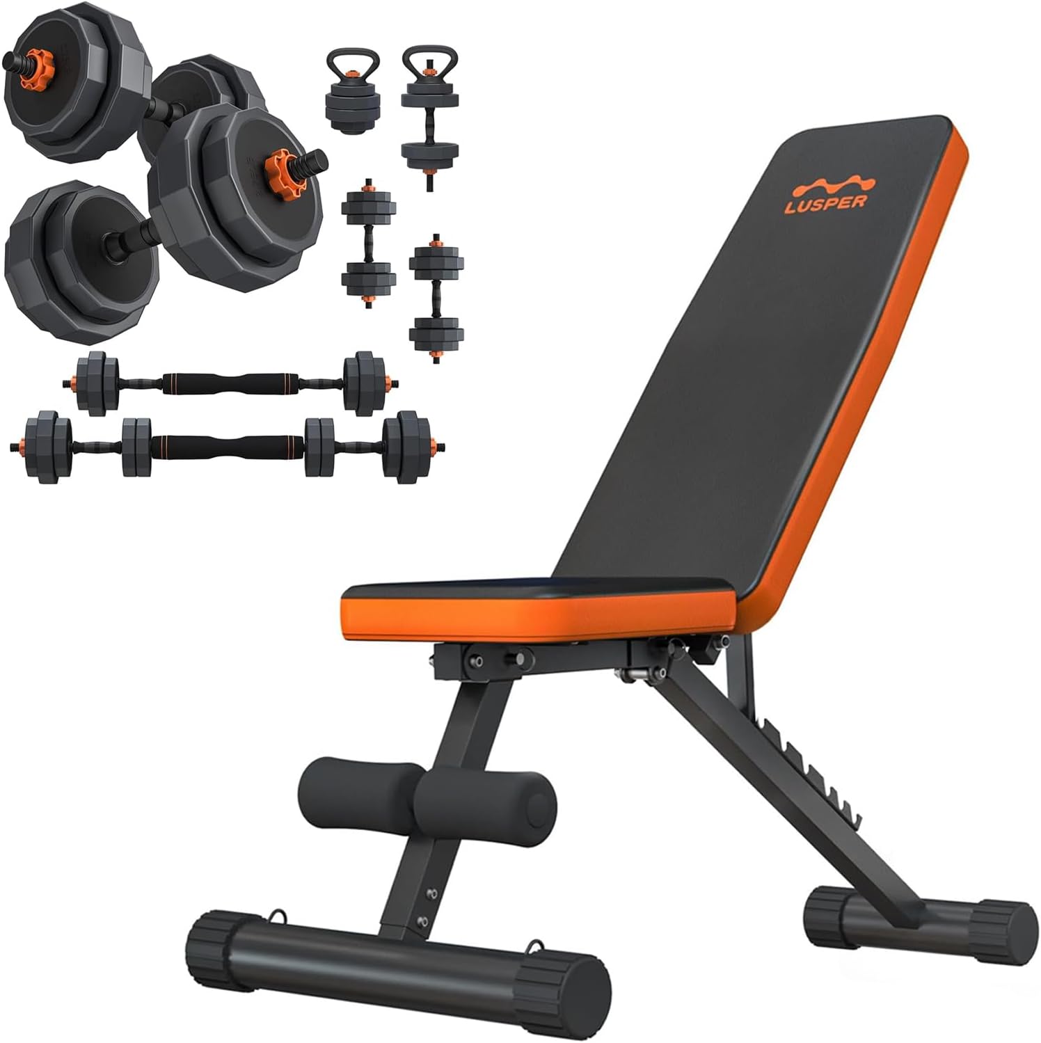 Lusper Weight Bench & Lusper Adjustable Weights Dumbbells Set, 44LB Free Weights with 3 Modes, Mutiweight Dumbbell/Barbell/Kettlebell with Connector