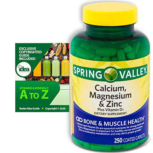 Spring Valley Calcium, Magnesium and Zinc Plus Vitamin D3 Coated Caplets, 250 Ct Bundle with Exclusive Vitamins & Minerals A to Z - Better Idea Guide (2 Items)